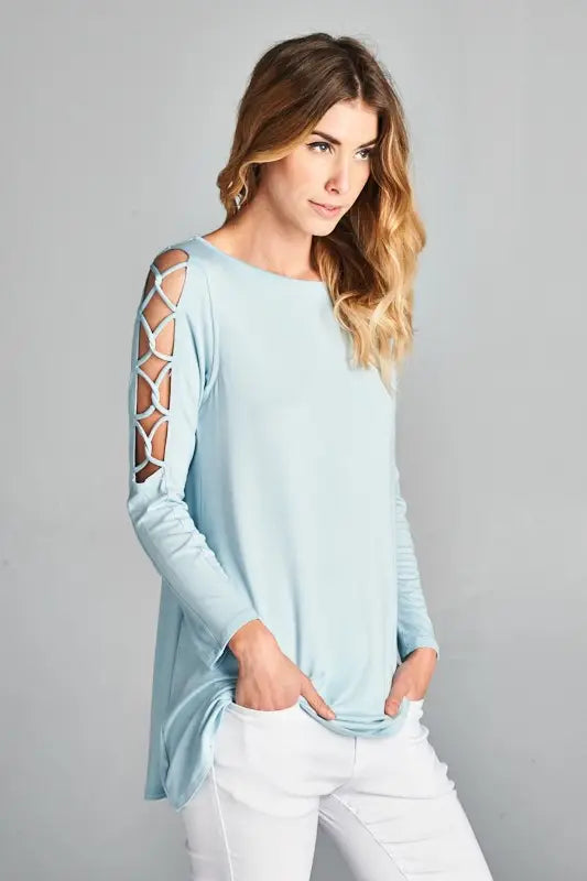 Criss Cross Open Shoulder Long-Sleeved Shirts