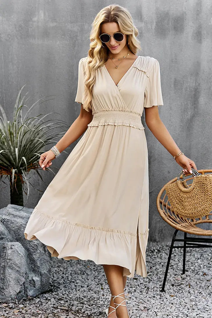 WIDE SLEEVE TIGHTEN WAIST SLIT RUFFLED DRESS