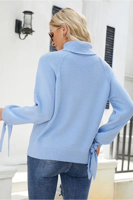 TURTLE NECK RIBBON DETAILED SLEEVE SWEATER