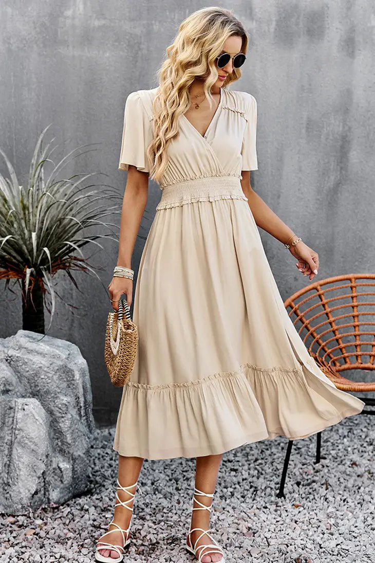 WIDE SLEEVE TIGHTEN WAIST SLIT RUFFLED DRESS
