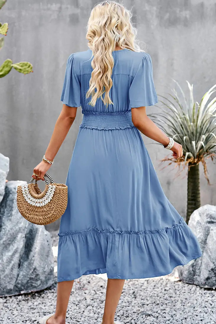 WIDE SLEEVE TIGHTEN WAIST SLIT RUFFLED DRESS