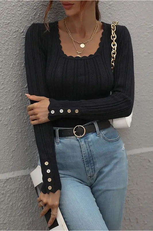 CABLE KNIT LONG SLEEVE SWEAT TOP