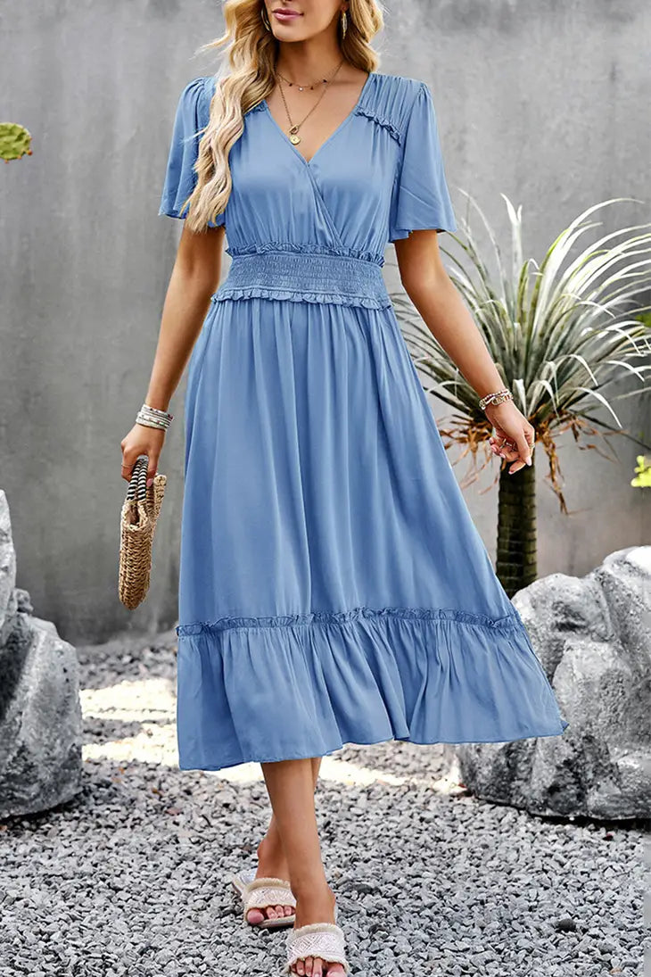 WIDE SLEEVE TIGHTEN WAIST SLIT RUFFLED DRESS