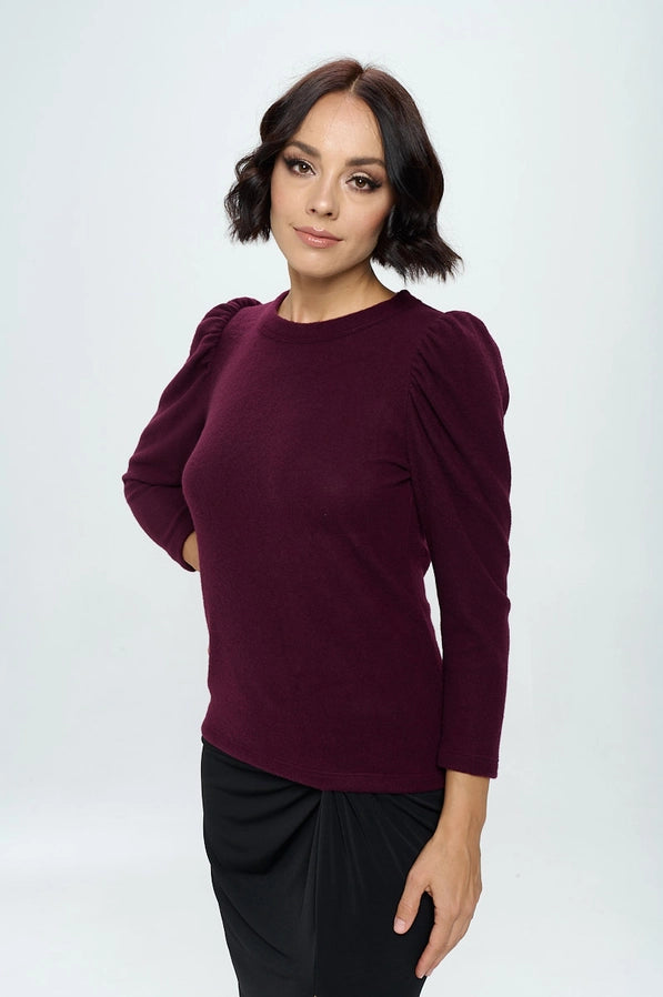 Brushed Knit Top with Puff Sleeve