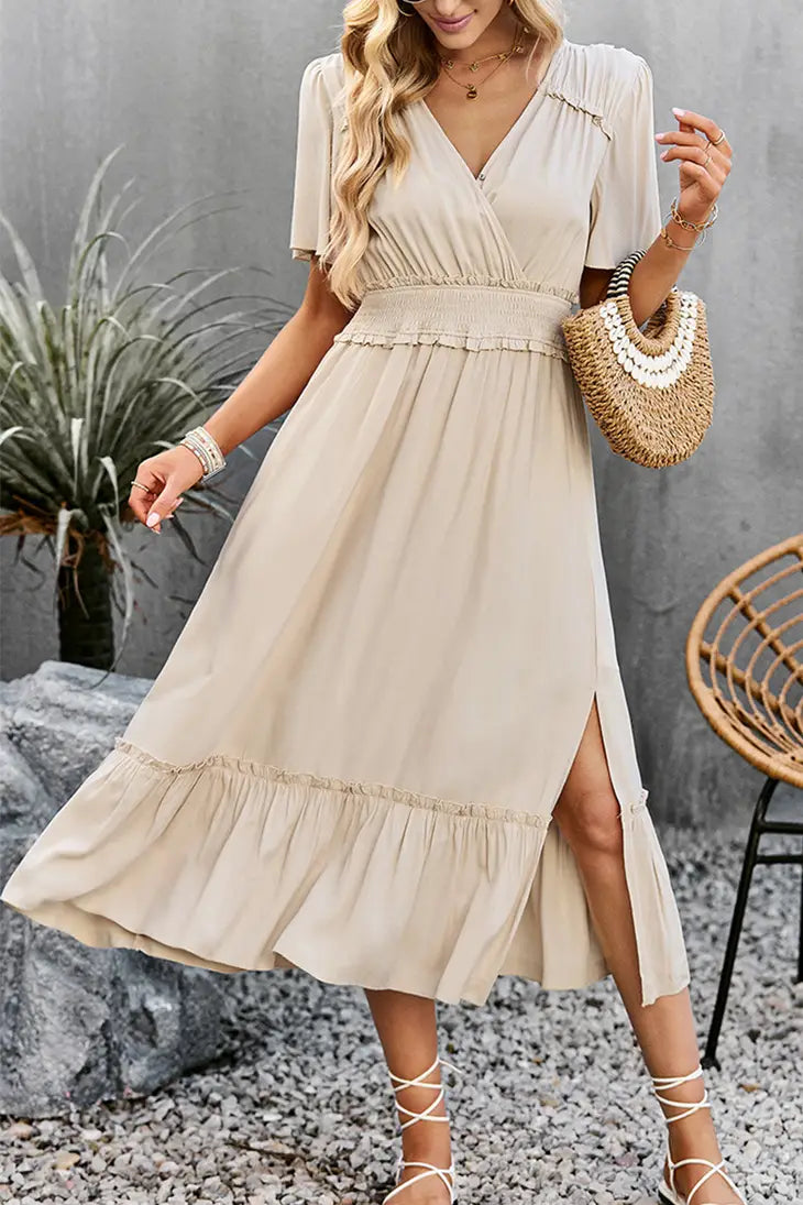 WIDE SLEEVE TIGHTEN WAIST SLIT RUFFLED DRESS