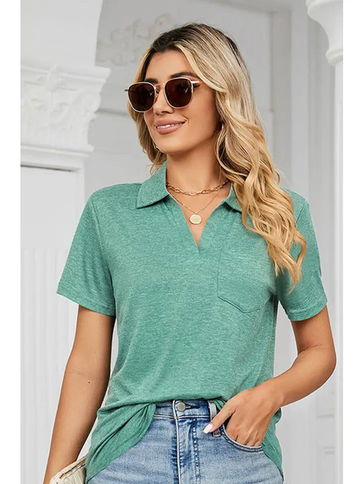 SHORT SLEEVE POCKET COLLAR TOP