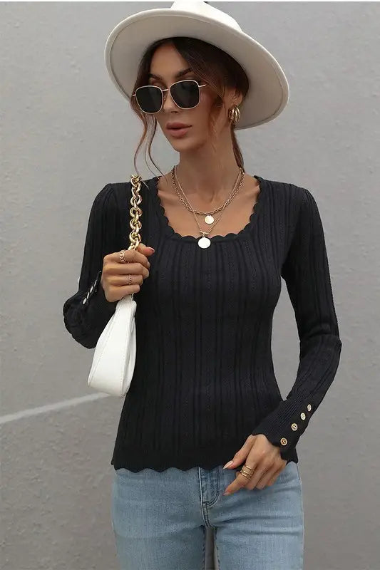 CABLE KNIT LONG SLEEVE SWEAT TOP