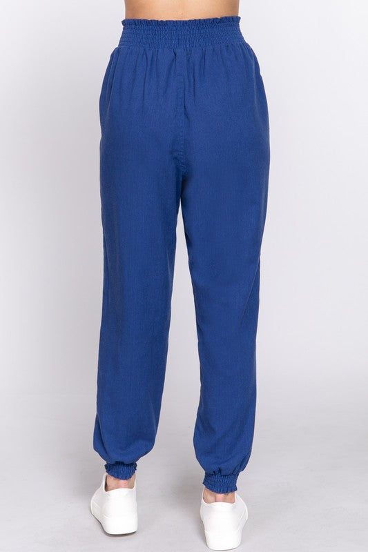 Smocked Waist Linen Jogger Pants