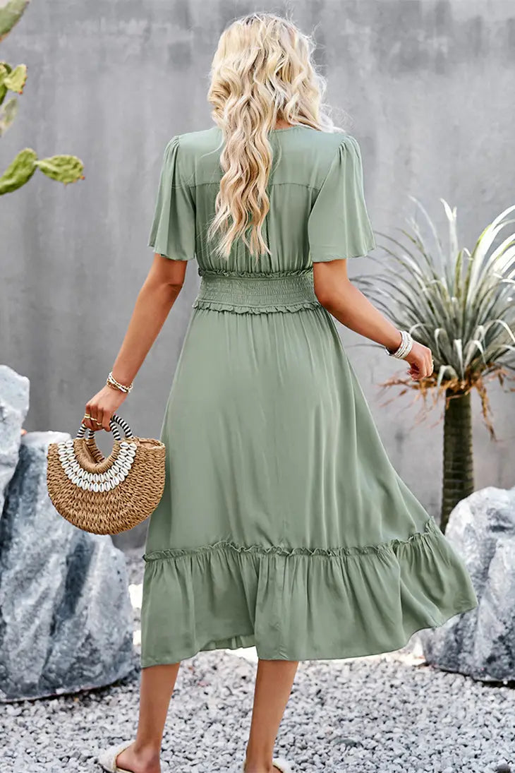 WIDE SLEEVE TIGHTEN WAIST SLIT RUFFLED DRESS