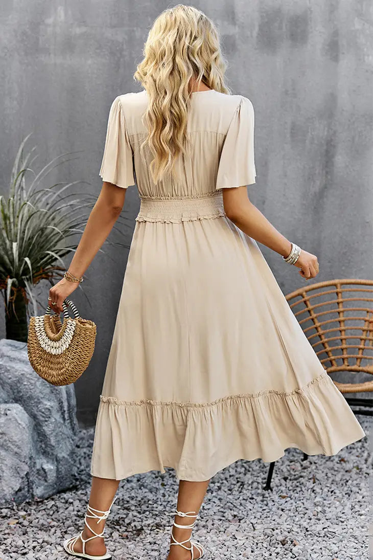 WIDE SLEEVE TIGHTEN WAIST SLIT RUFFLED DRESS