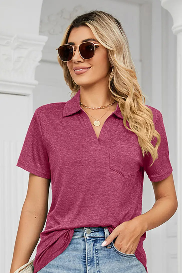 SHORT SLEEVE POCKET COLLAR TOP