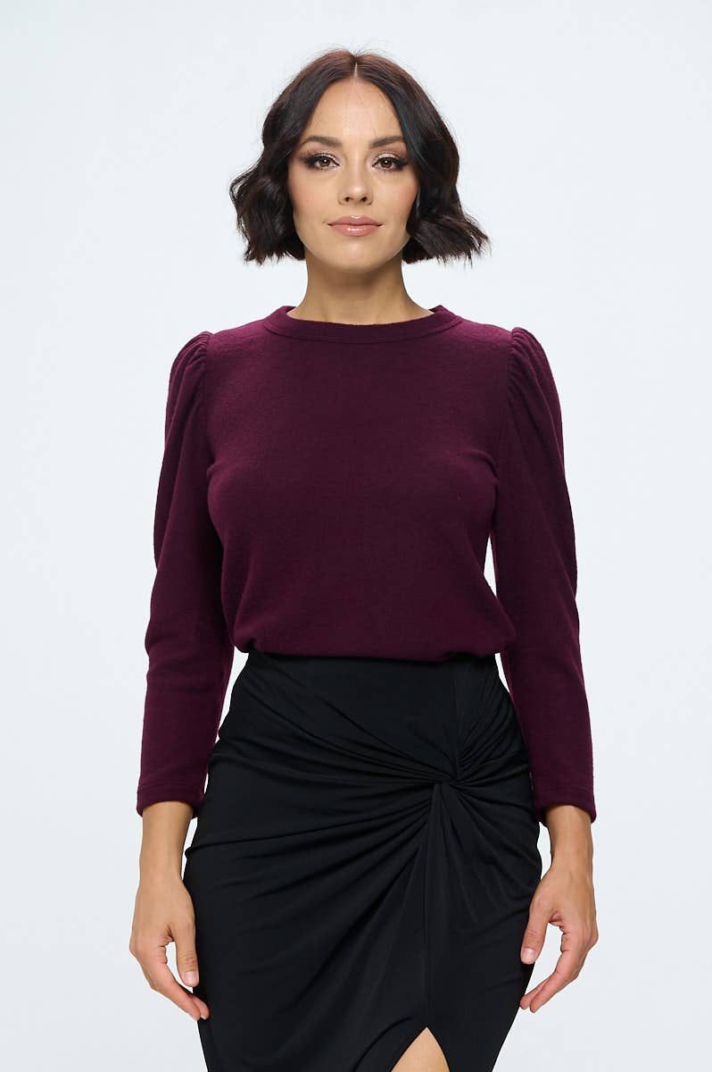 Brushed Knit Top with Puff Sleeve