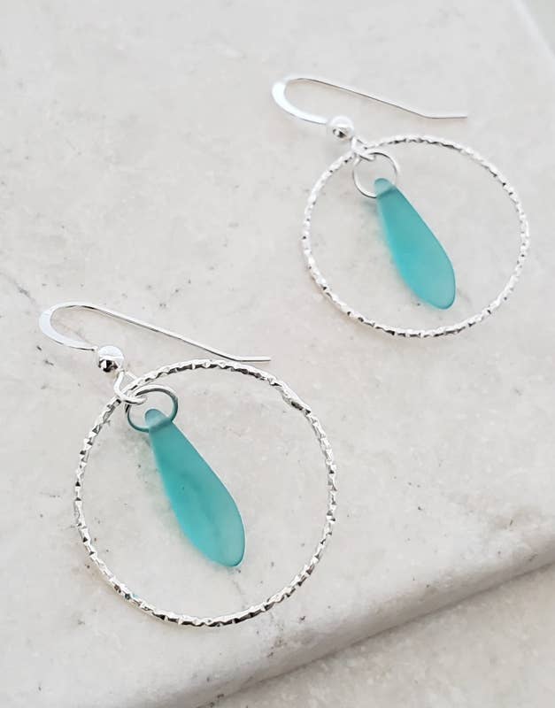 Silver Diamond Cut Eco Sea Glass Dagger Earrings - Turquoise