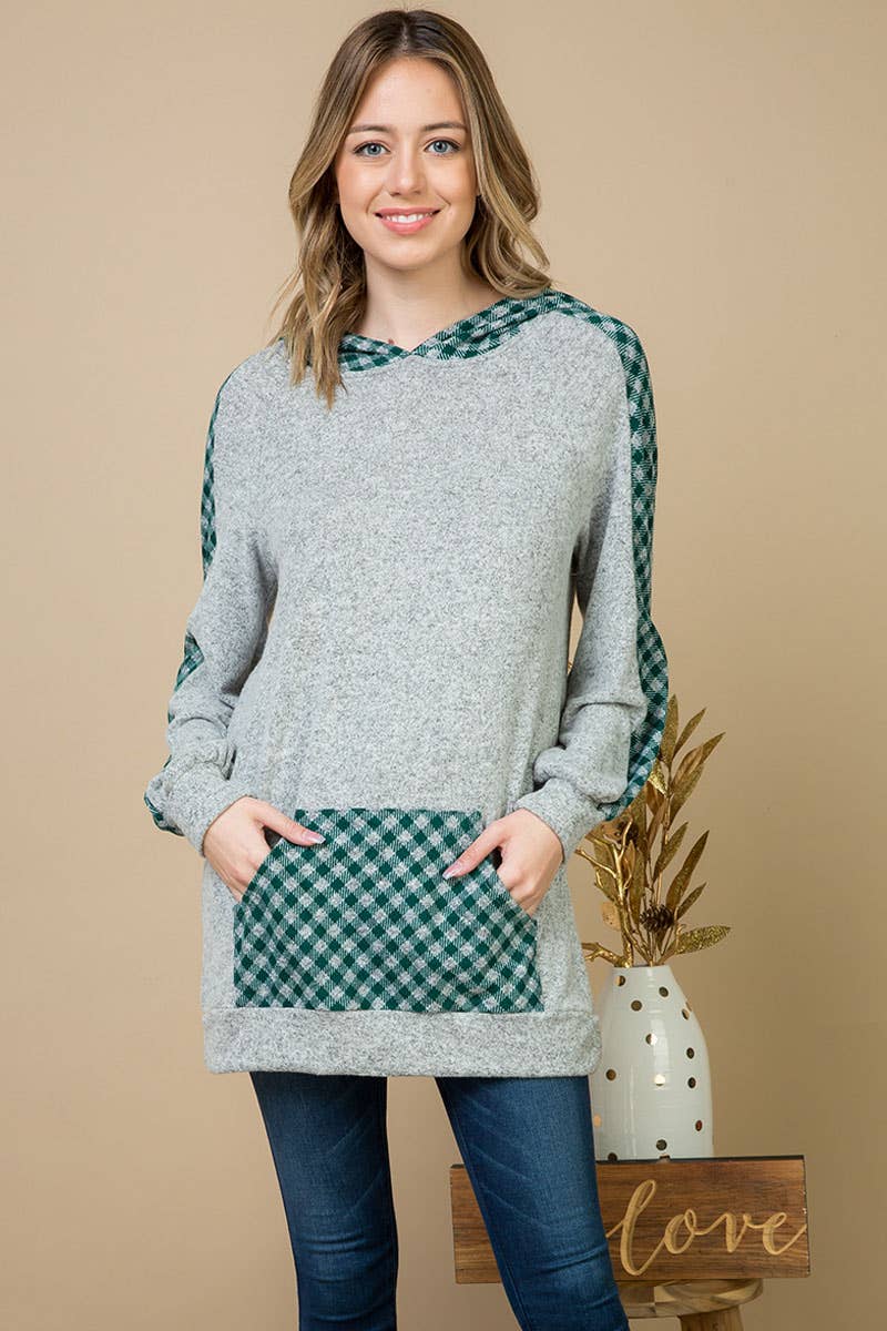 Green Plaid Hacci Brush Casual Hoodie