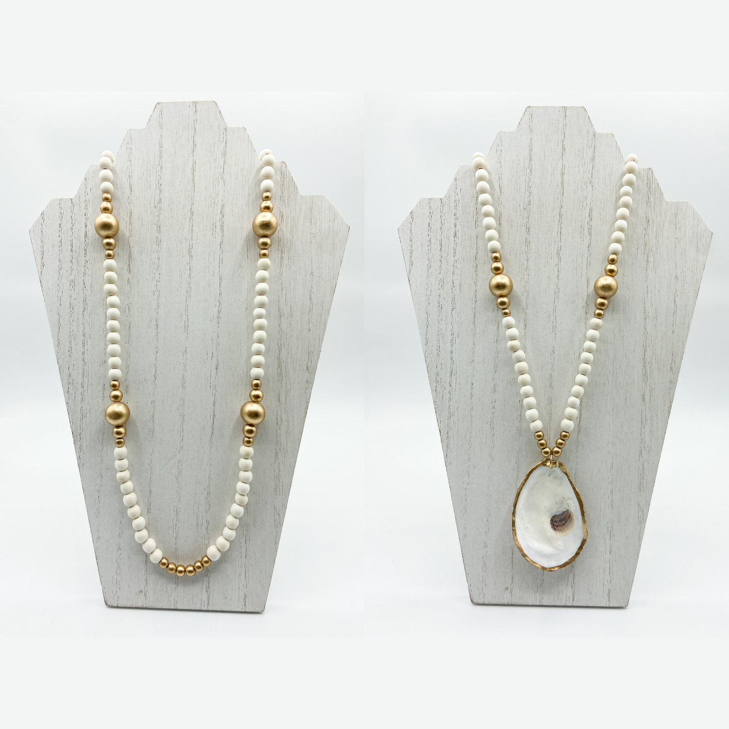 Oyster Necklace with Wood Beads in White
