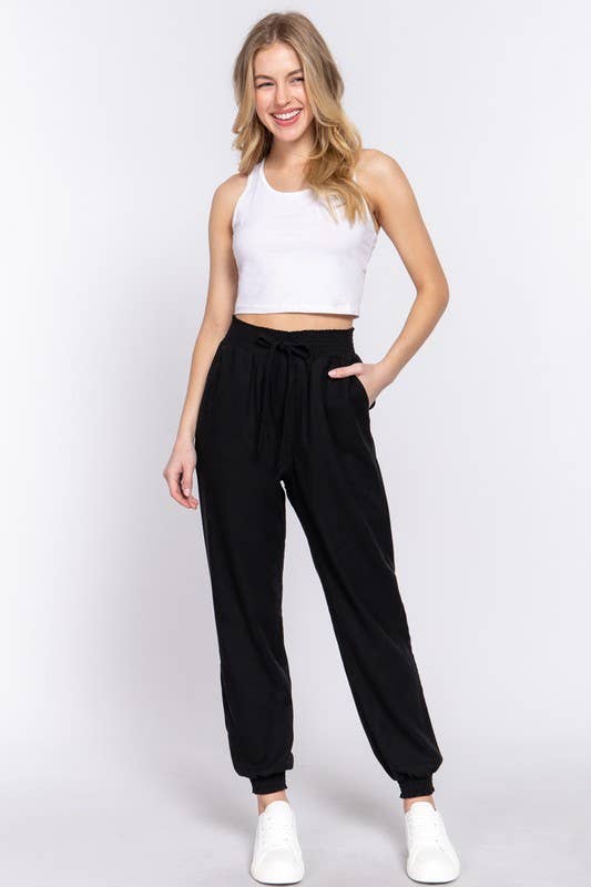 Smocked Waist Linen Jogger Pants