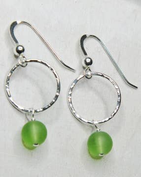 Eco Sea Glass Hammered Earrings - Peridot