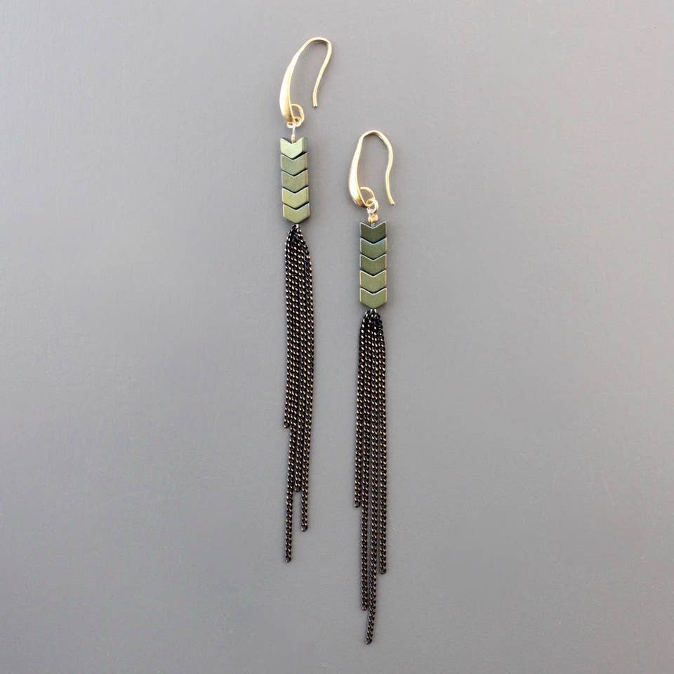 Green hematite & chain fringe should duster earrings