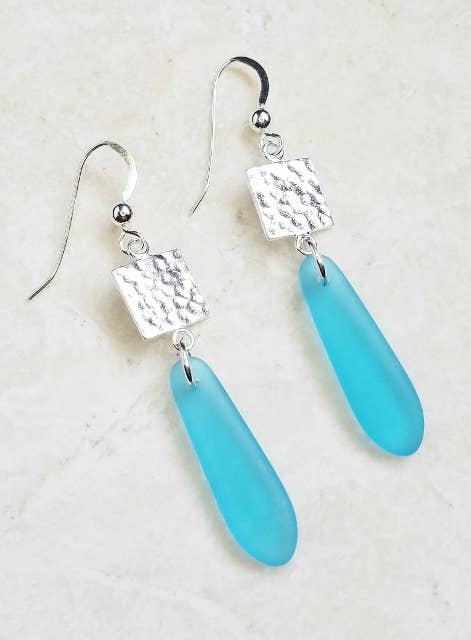 Eco Sea Glass Hammered Tile Earrings - Turquoise