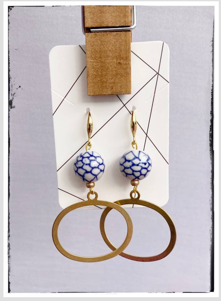 Brass & Chinoiserie Glass Bead Circle Hoop Dangle Earring