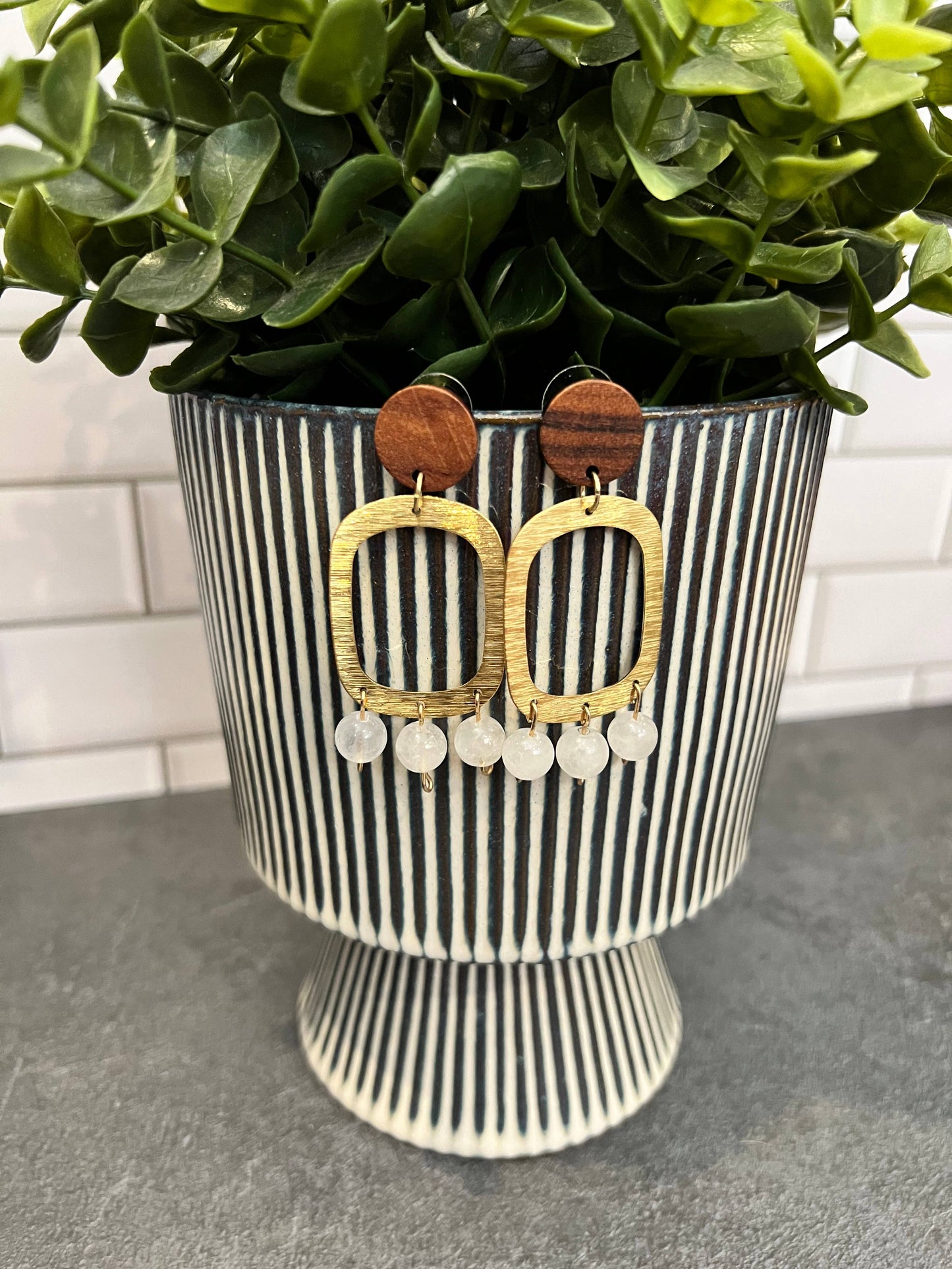 Brass & Wood Dangle Chandelier Earring- White Glass Bead