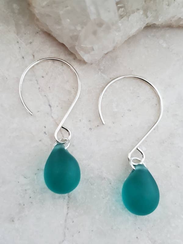 Silver Eco Sea Glass Sea Droplets Earrings - Teal