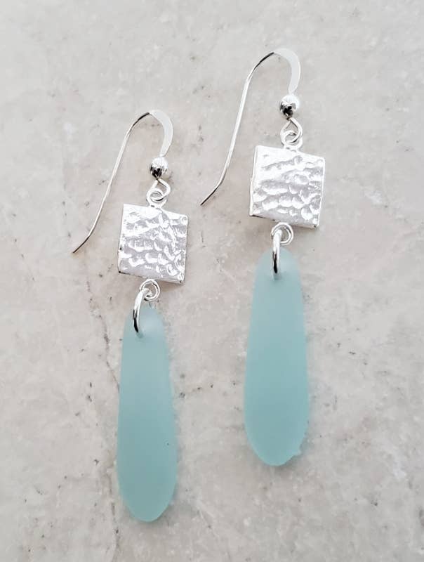 Eco Sea Glass Hammered Tile Earrings - Sea Foam