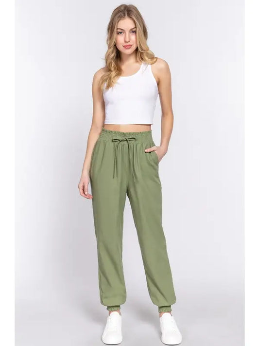 Smocked Waist Linen Jogger Pants