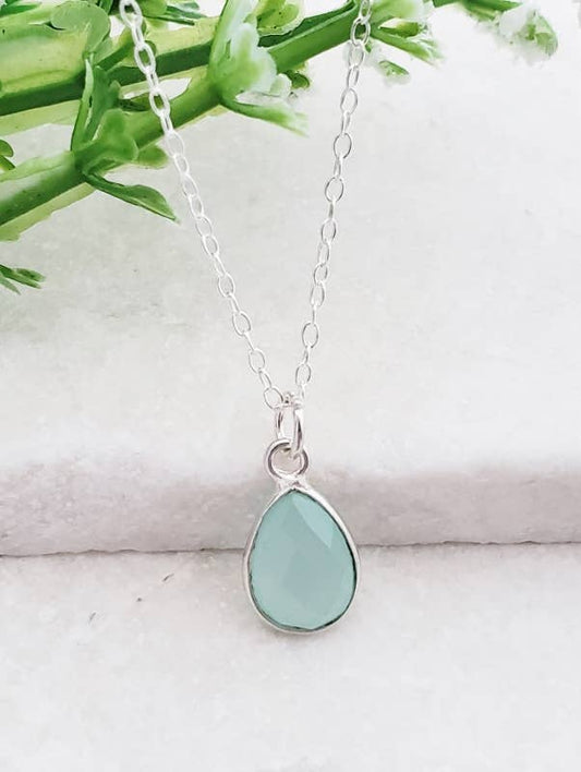 Silver Teardrop Aqua Chalcedony Necklace