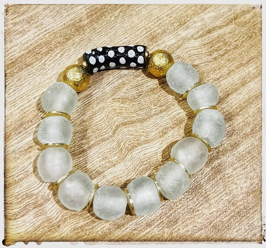 Recycled Glass Bead & Polka Dot Bone Bead Stretch Bracelet