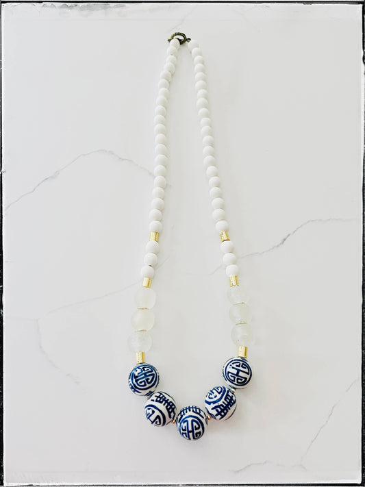 White Wood Bead & Handpainted Chinoiserie Necklace Glass