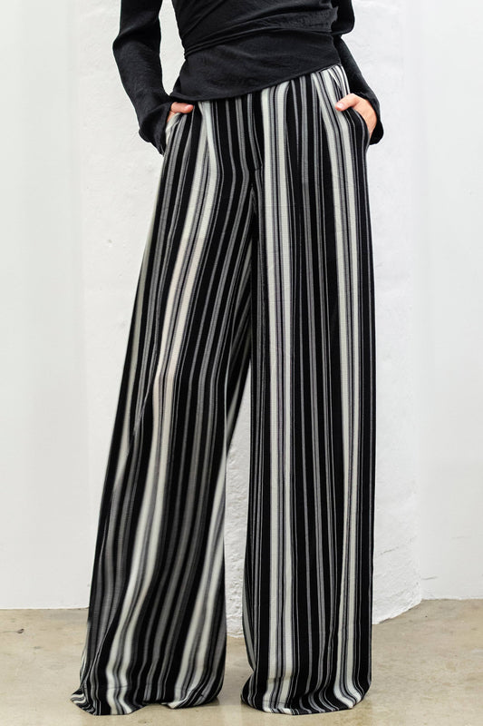 Black and White Striped Wide-Leg Pants