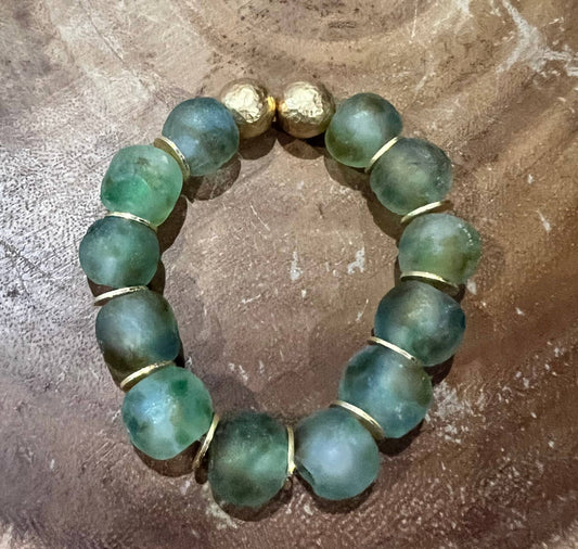 Recycled Glass & Brass Bead Stretch Bracelet- Blue Green