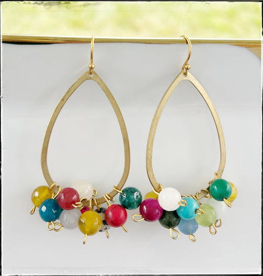 Rainbow Teardrop Hoop Gemstone Bead Dangle Earrings Bauble