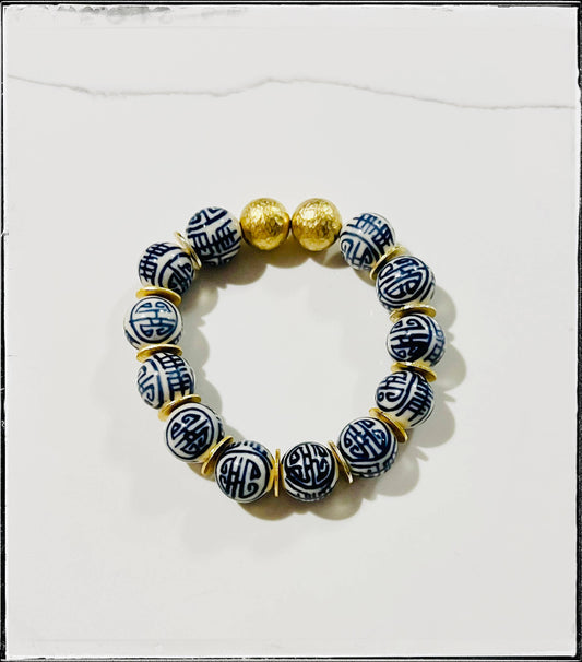 Hand-painted Ceramic Chinoiserie Stretch Bracelet Brass Bead