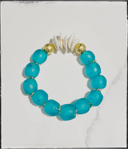 Natural Shell & Recycled Glass Bead Stretch Bracelet-  Blue