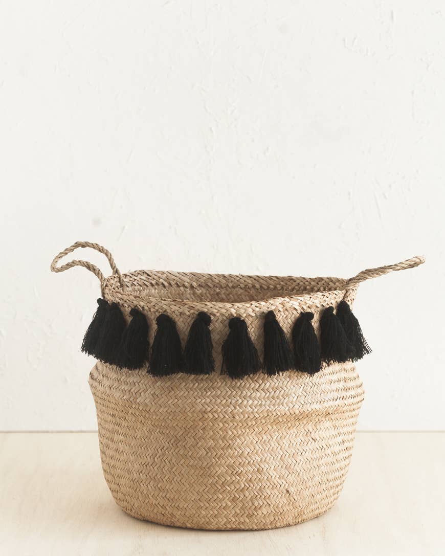 Tasseled Seagrass Belly Basket -  Black Large