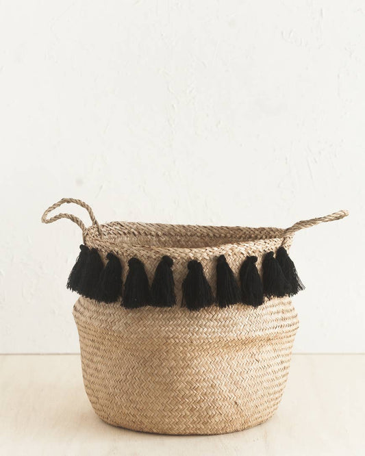 Tasseled Seagrass Belly Basket -  Black Large