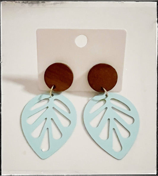 Painted Brass Leaf Wood Dangle Earring Circle Stud Baby Blue
