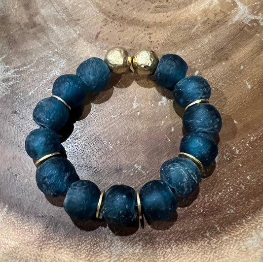 Recycled Glass & Brass Bead Stretch Bracelet- Teal Blue