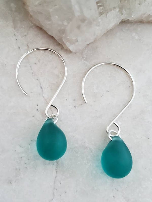 Silver Eco Sea Glass Sea Droplets Earrings - Teal